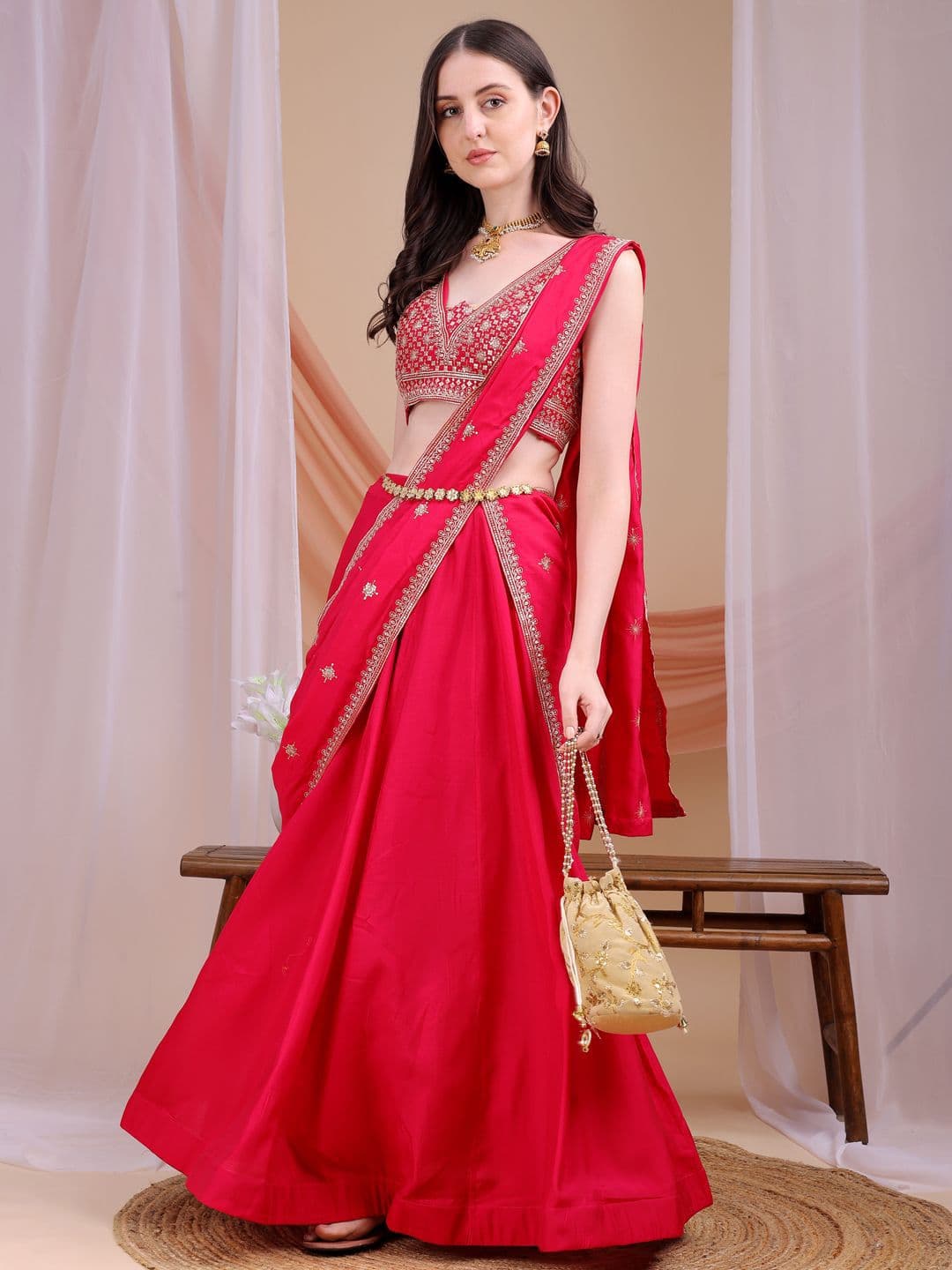 Kinjo Women Embroidered Ready to Wear Lehenga Choli & Dupatta with Sequinned thumbnail 2