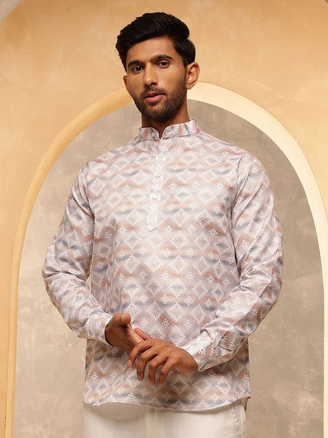 SOJANYA Geometric Printed Band Collar Cotton Linen Straight Kurta thumbnail 5