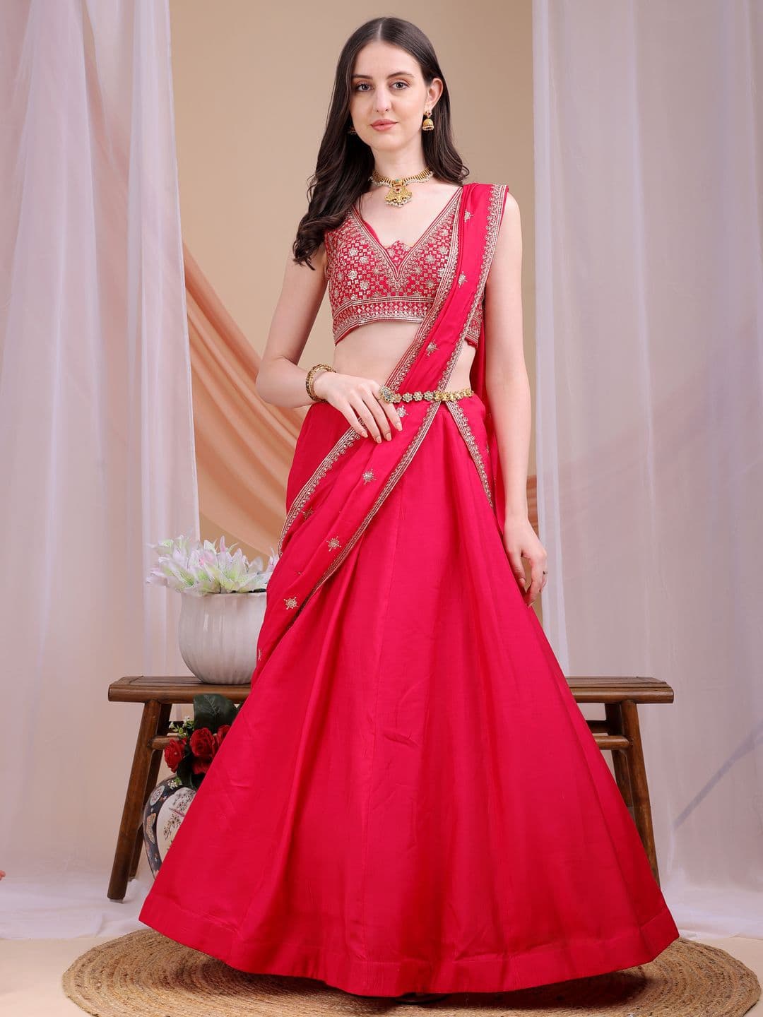 Kinjo Women Embroidered Ready to Wear Lehenga Choli & Dupatta with Sequinned thumbnail 4