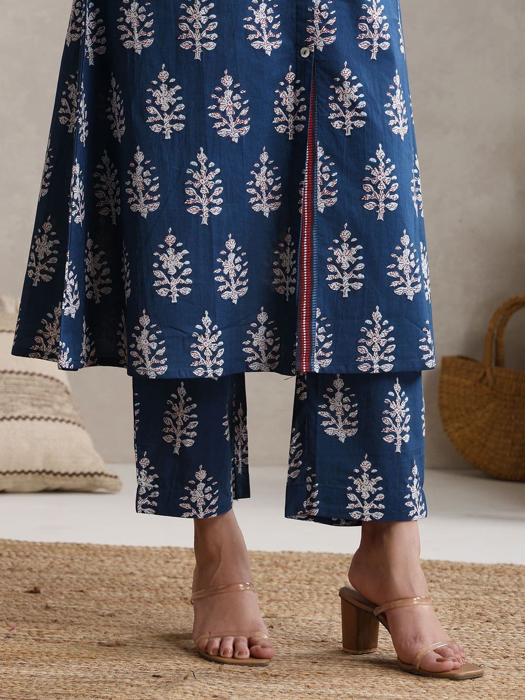 Khushal K Indigo-Bloom Printed Cotton Tunic With Trouser Co-Ords thumbnail 2