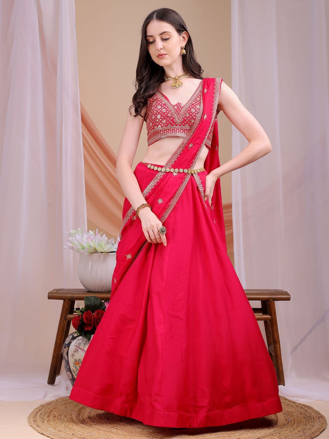 Kinjo Women Embroidered Ready to Wear Lehenga Choli & Dupatta with Sequinned thumbnail 6