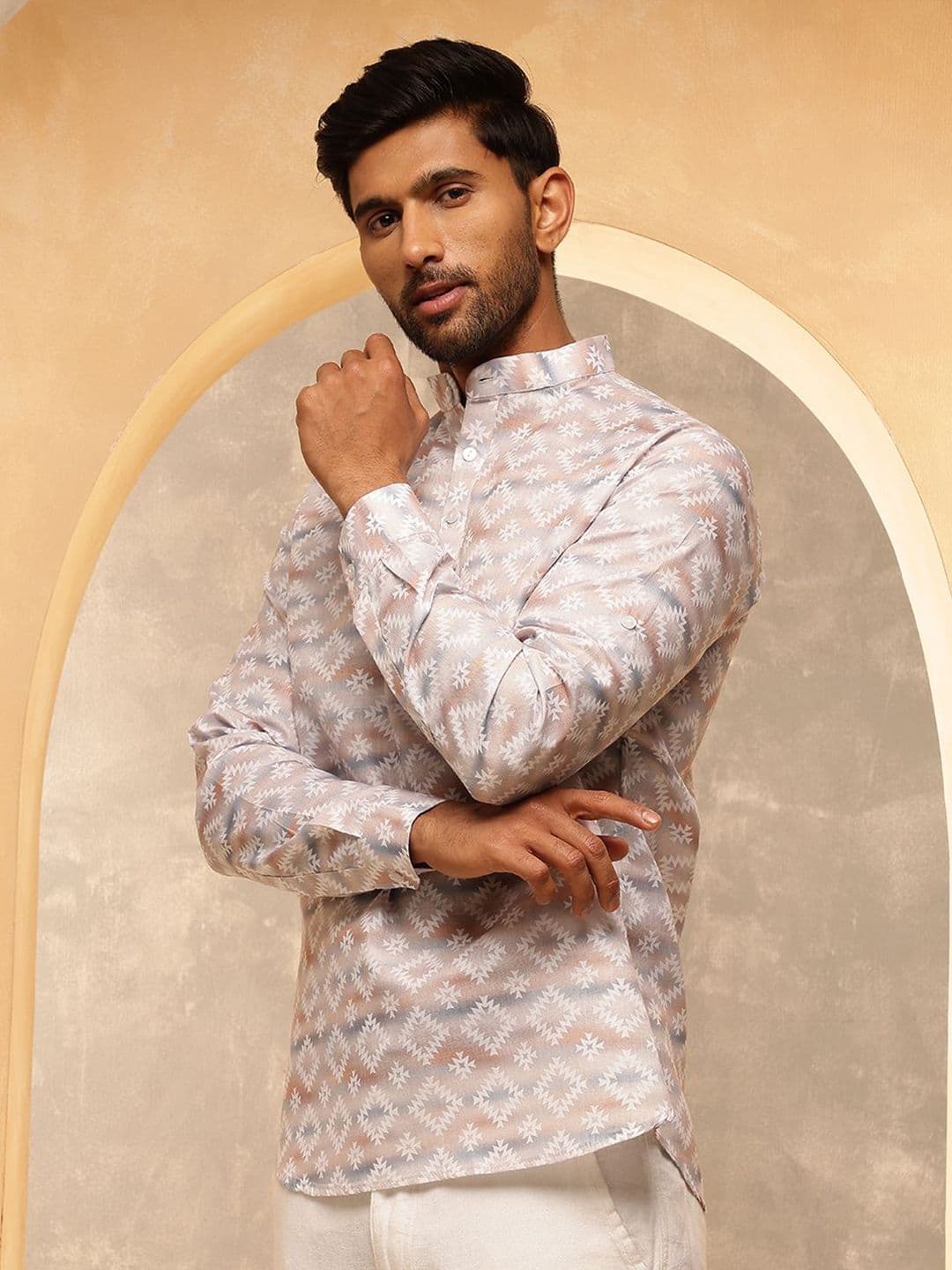 SOJANYA Geometric Printed Band Collar Cotton Linen Straight Kurta thumbnail 4