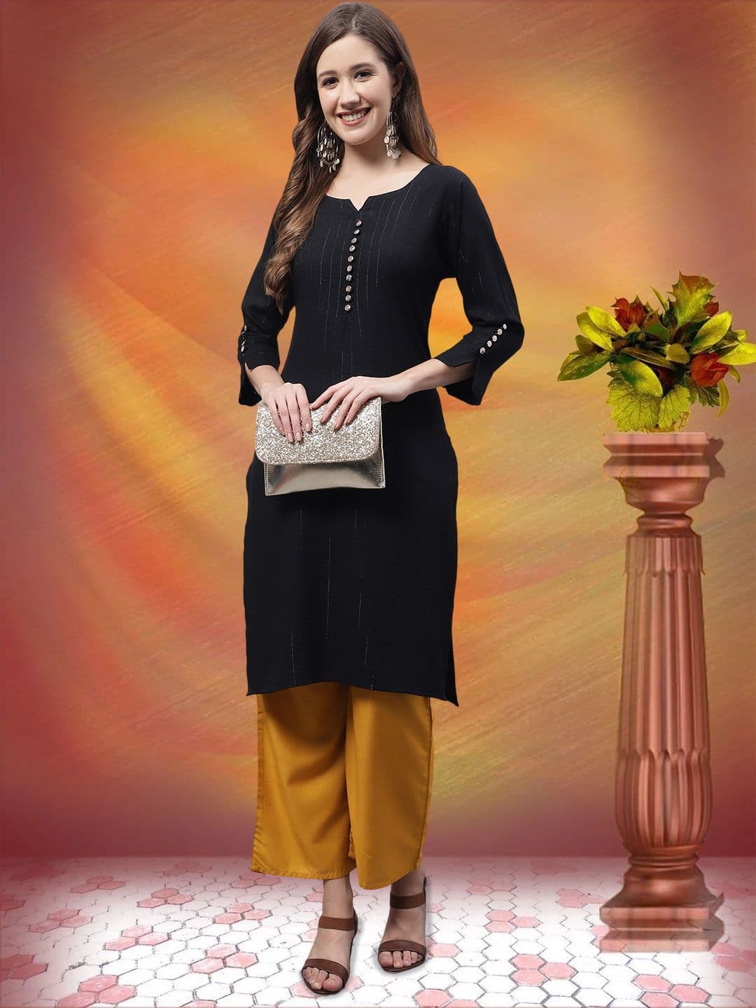 GRACIT Women Solid Knitted Ethnic Flaired Side Pocket Palazzos thumbnail 3