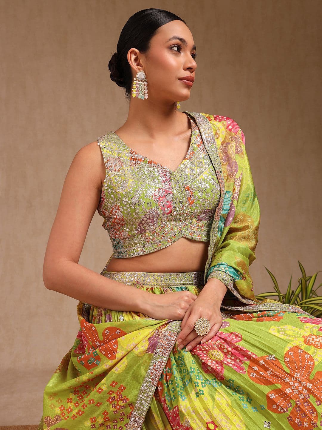 Soch Floral Embroidered Sequinned Ready to Wear Chinon Lehenga & Blouse With Dupatta thumbnail 5
