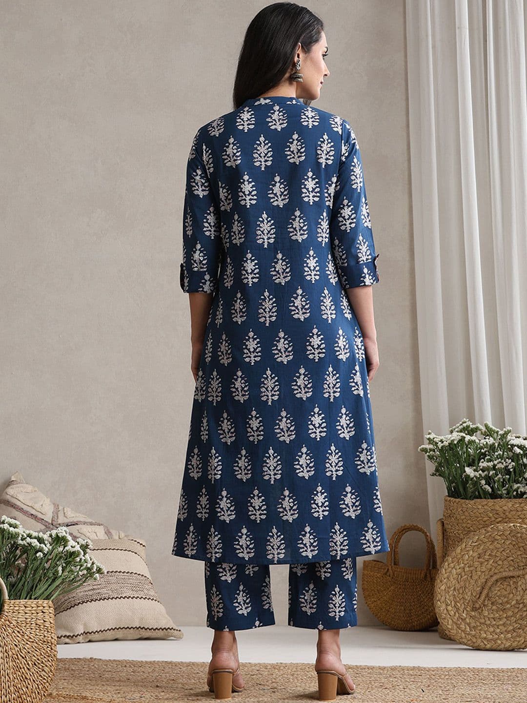 Khushal K Indigo-Bloom Printed Cotton Tunic With Trouser Co-Ords thumbnail 7