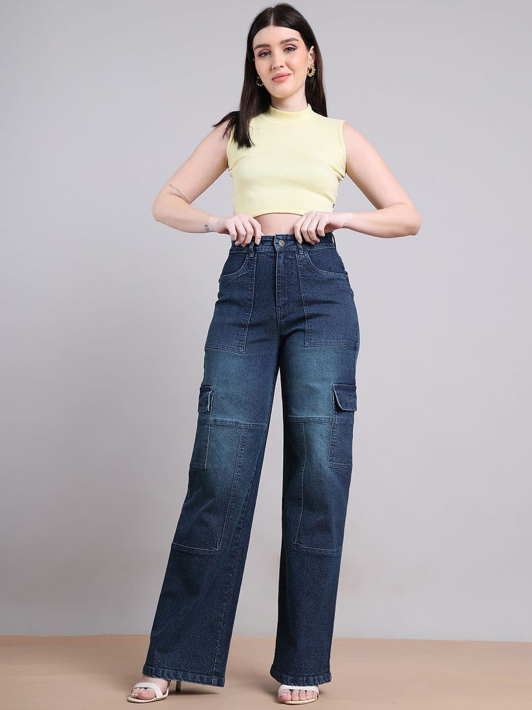 PUELLA Women Straight Fit High-Rise Light Fade Stretchable Cargo Styles Jeans thumbnail 5