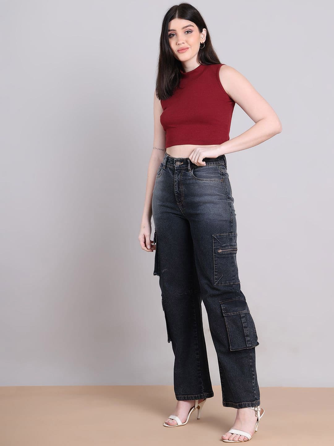 PUELLA Women Straight Fit High-Rise Stretchable Cargo Style Jeans thumbnail 4