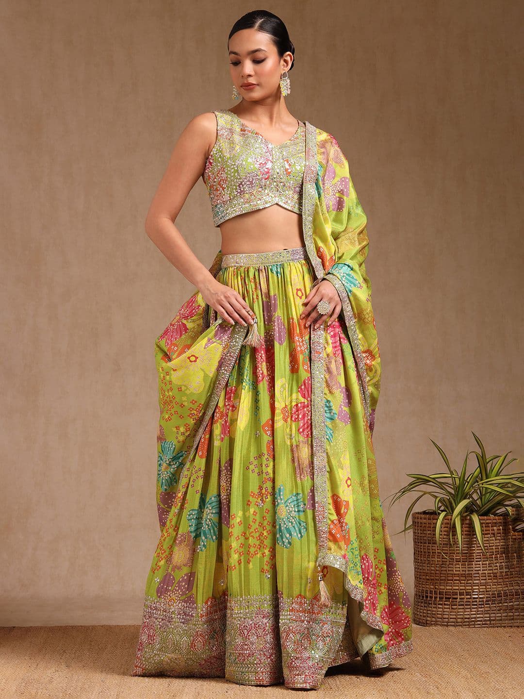 Soch Floral Embroidered Sequinned Ready to Wear Chinon Lehenga & Blouse With Dupatta - view 1