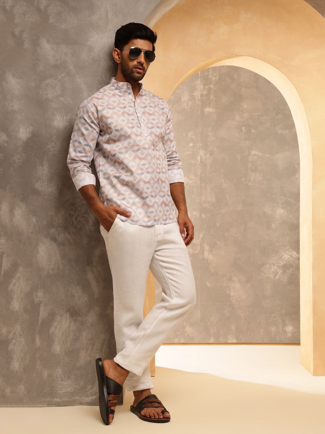 SOJANYA Geometric Printed Band Collar Cotton Linen Straight Kurta thumbnail 3