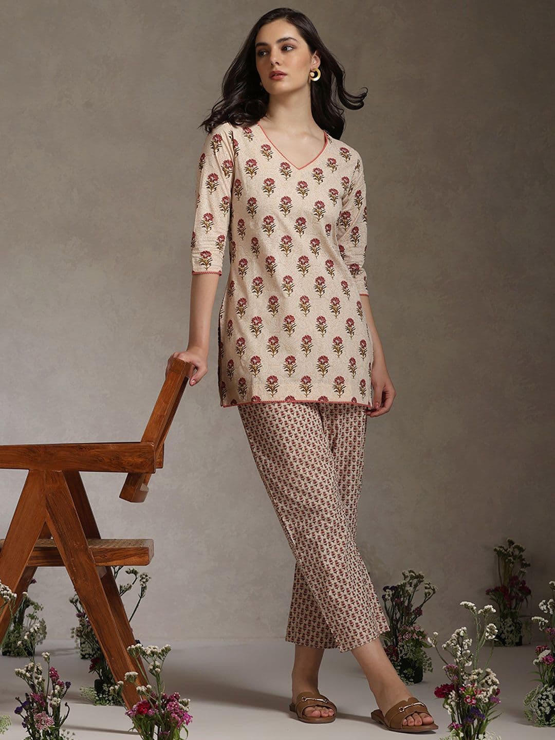 Khushal K Floral Printed Cotton V-Neck Tunic With Trouser Co-Ords - view 1