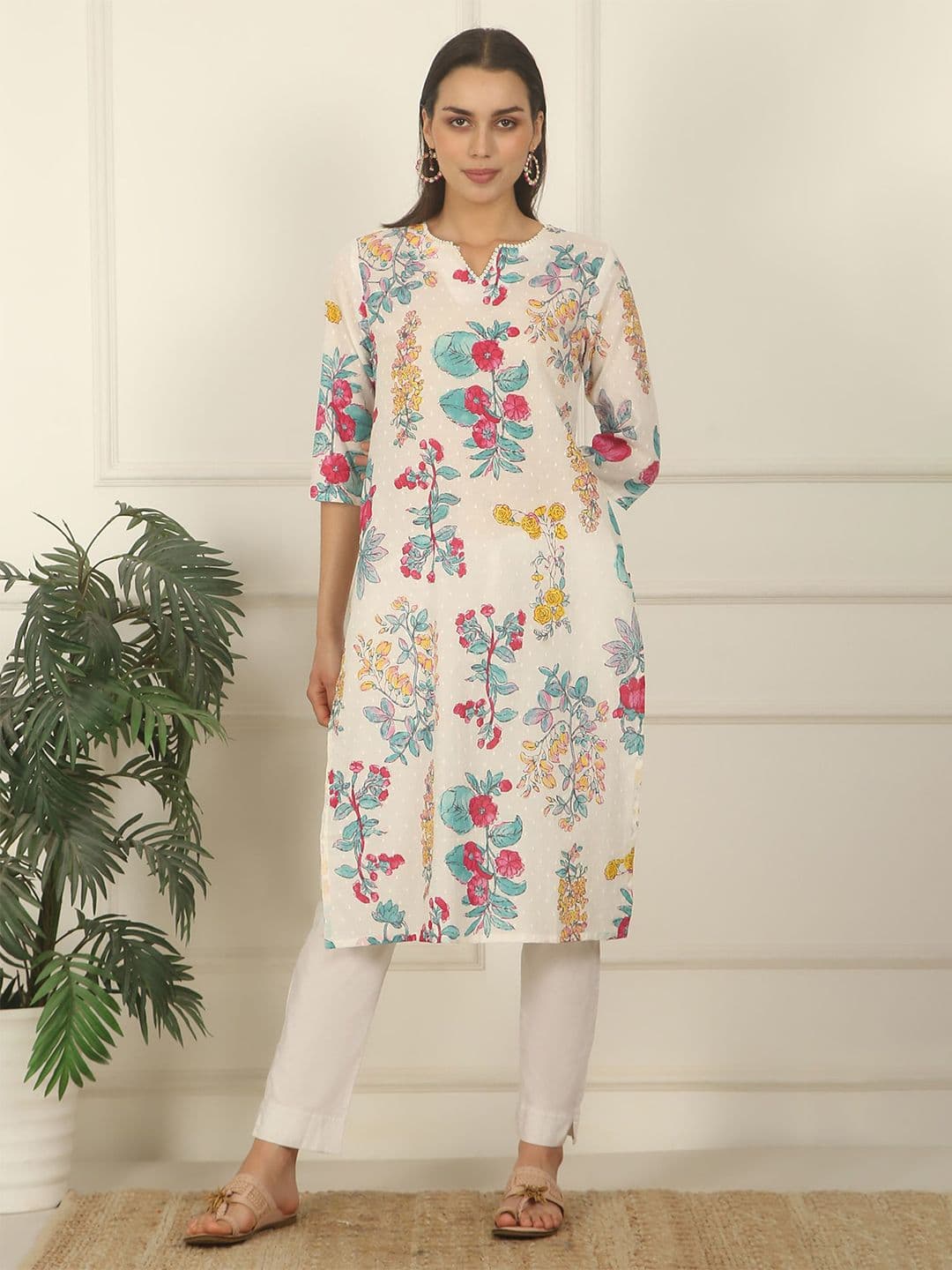 W Floral Printed Thread Work Notch Neck Straight Kurta - view 1