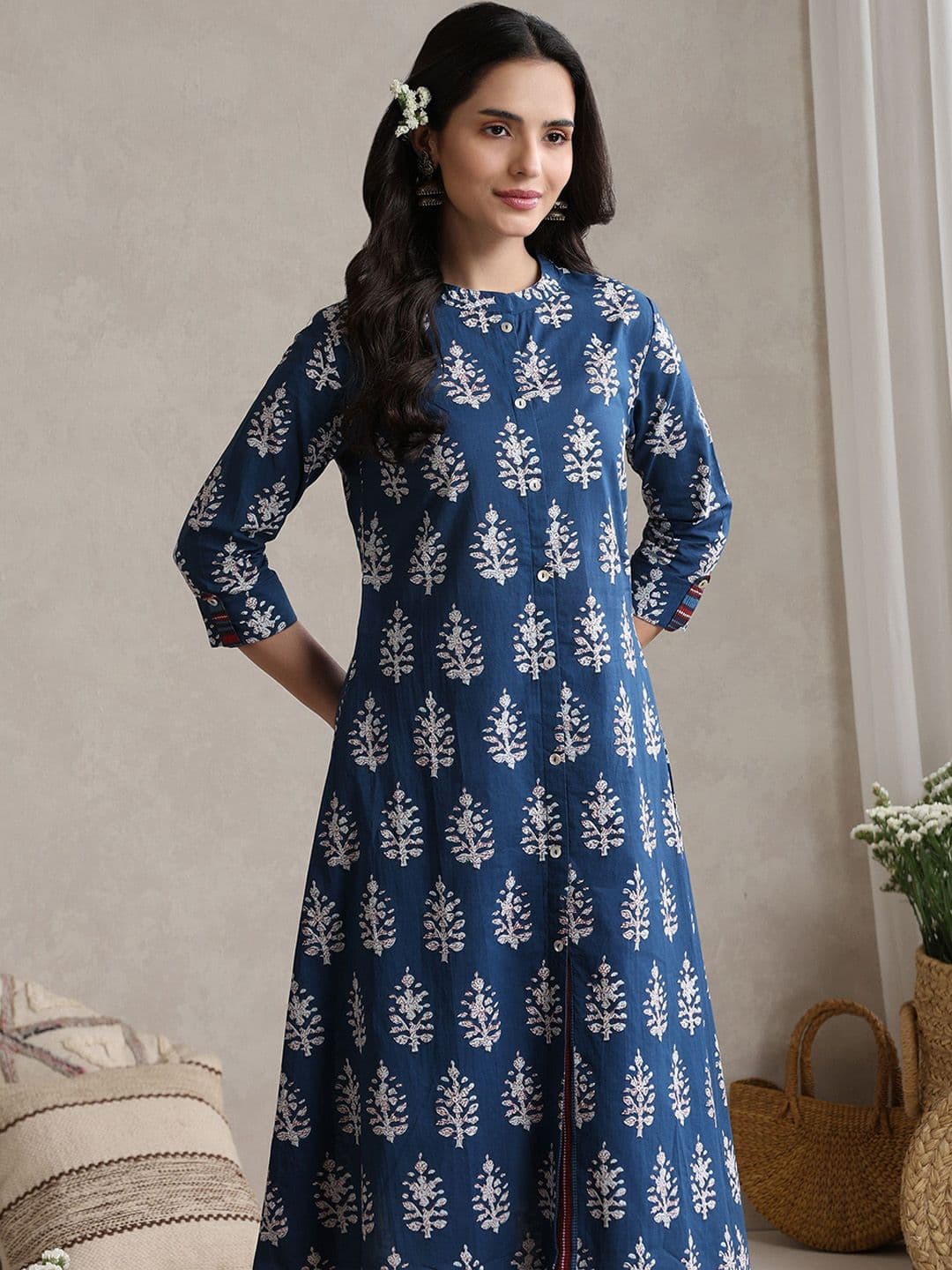 Khushal K Indigo-Bloom Printed Cotton Tunic With Trouser Co-Ords thumbnail 6