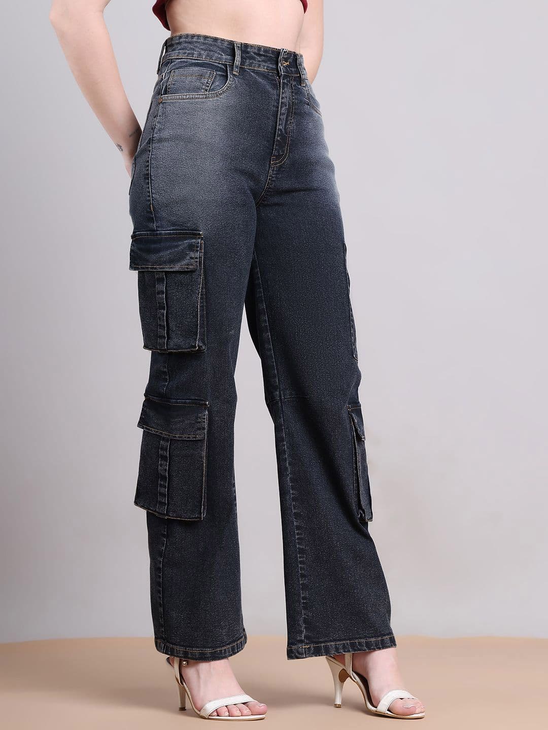 PUELLA Women Straight Fit High-Rise Stretchable Cargo Style Jeans thumbnail 5