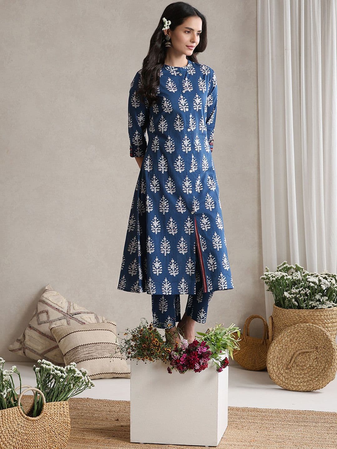 Khushal K Indigo-Bloom Printed Cotton Tunic With Trouser Co-Ords thumbnail 4
