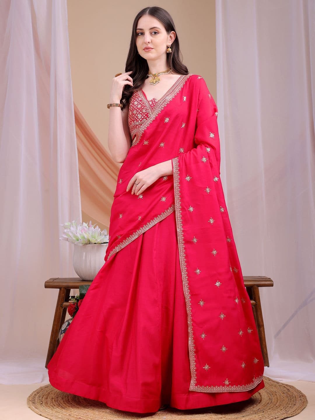Kinjo Women Embroidered Ready to Wear Lehenga Choli & Dupatta with Sequinned - view 1