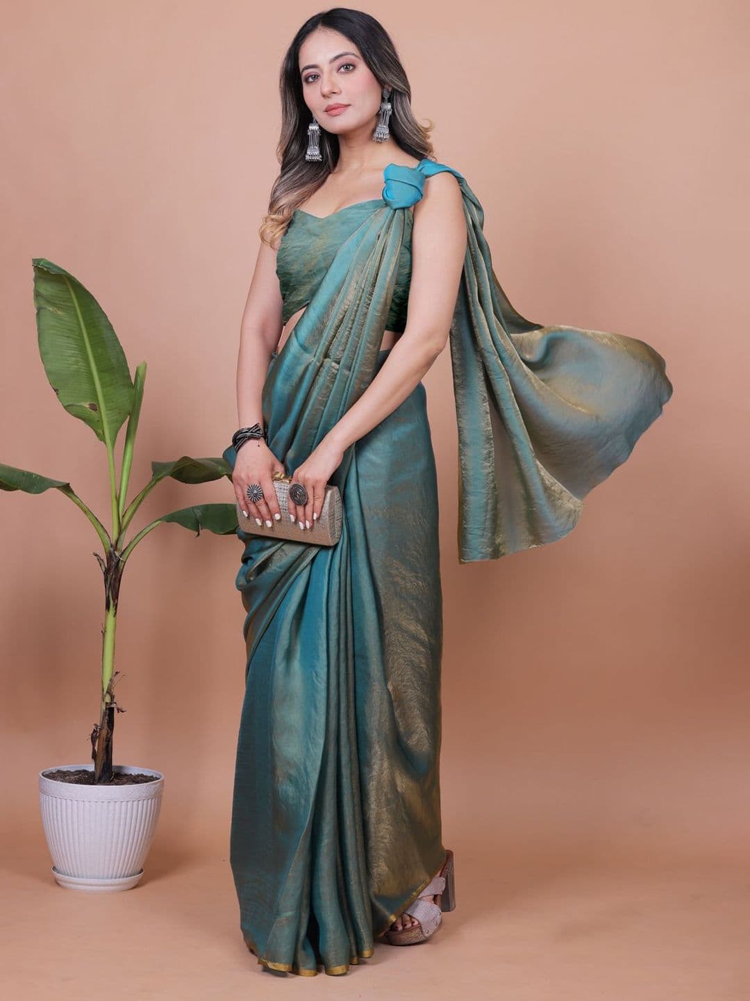 Anneca Shimmer Satin Saree With Blouse Piece - view 1