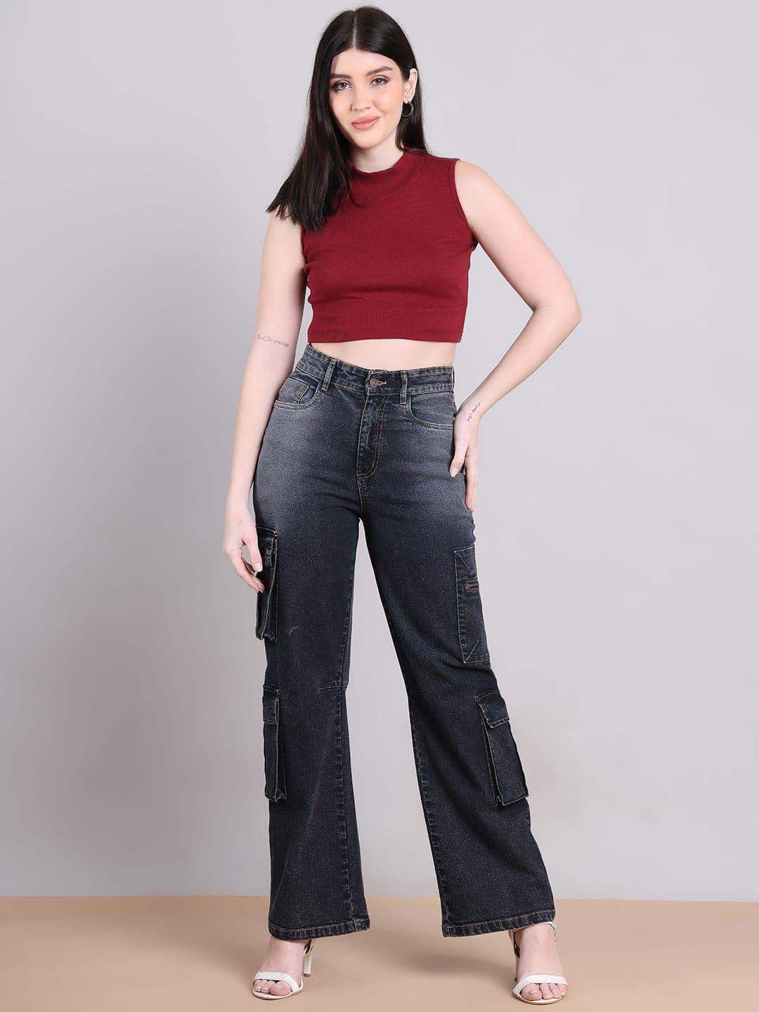 PUELLA Women Straight Fit High-Rise Stretchable Cargo Style Jeans thumbnail 7