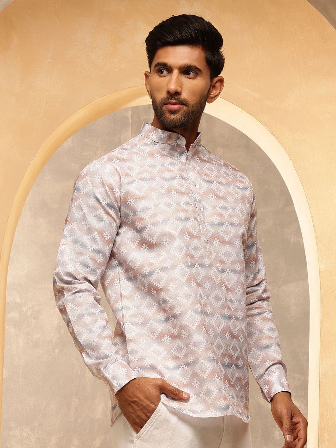 SOJANYA Geometric Printed Band Collar Cotton Linen Straight Kurta thumbnail 8