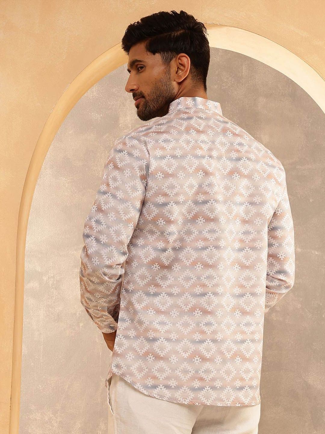 SOJANYA Geometric Printed Band Collar Cotton Linen Straight Kurta thumbnail 6
