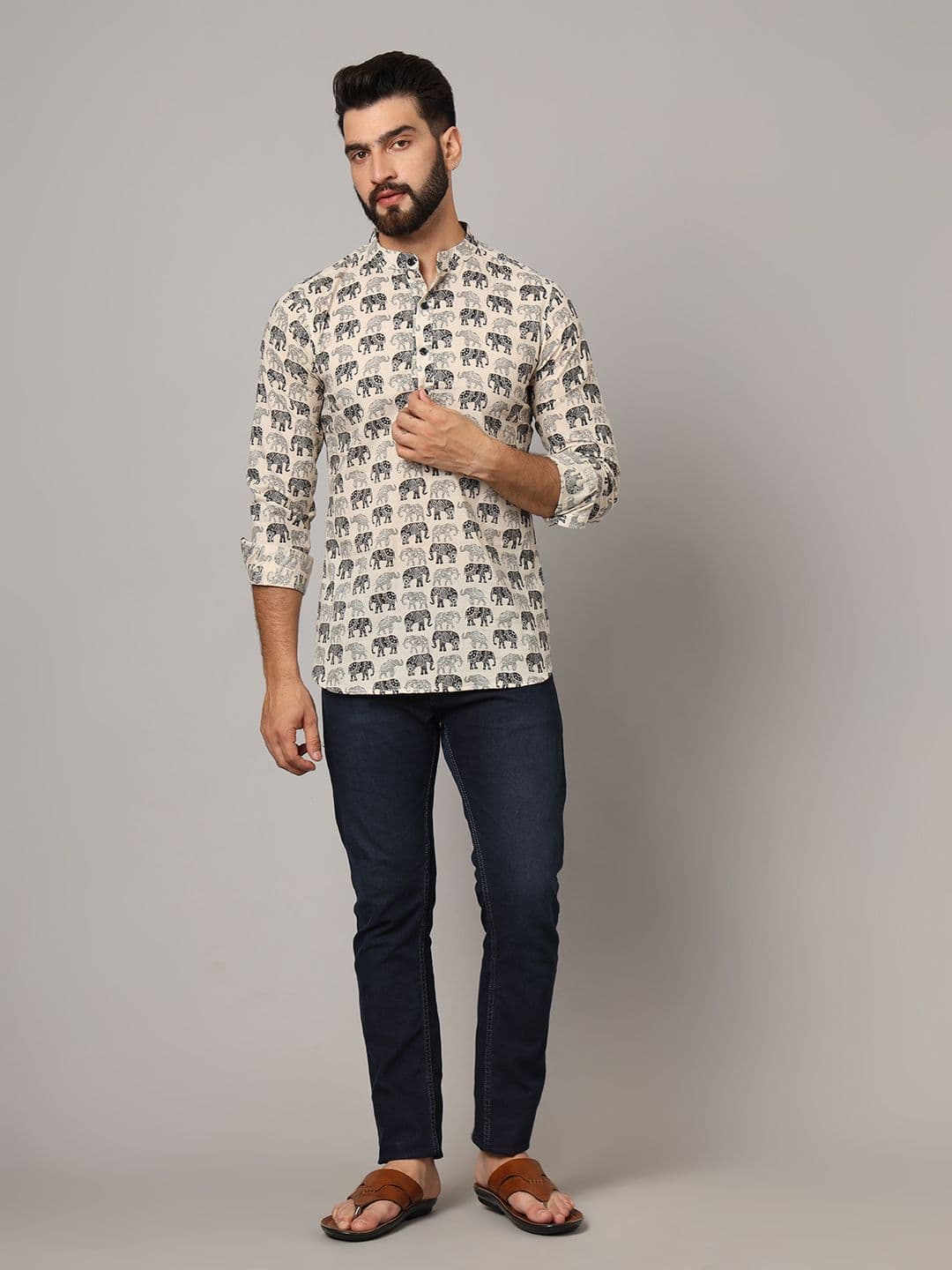 JAPER KURTI Ethnic Motifs Printed Band Collar Pure Cotton Short Kurta thumbnail 5