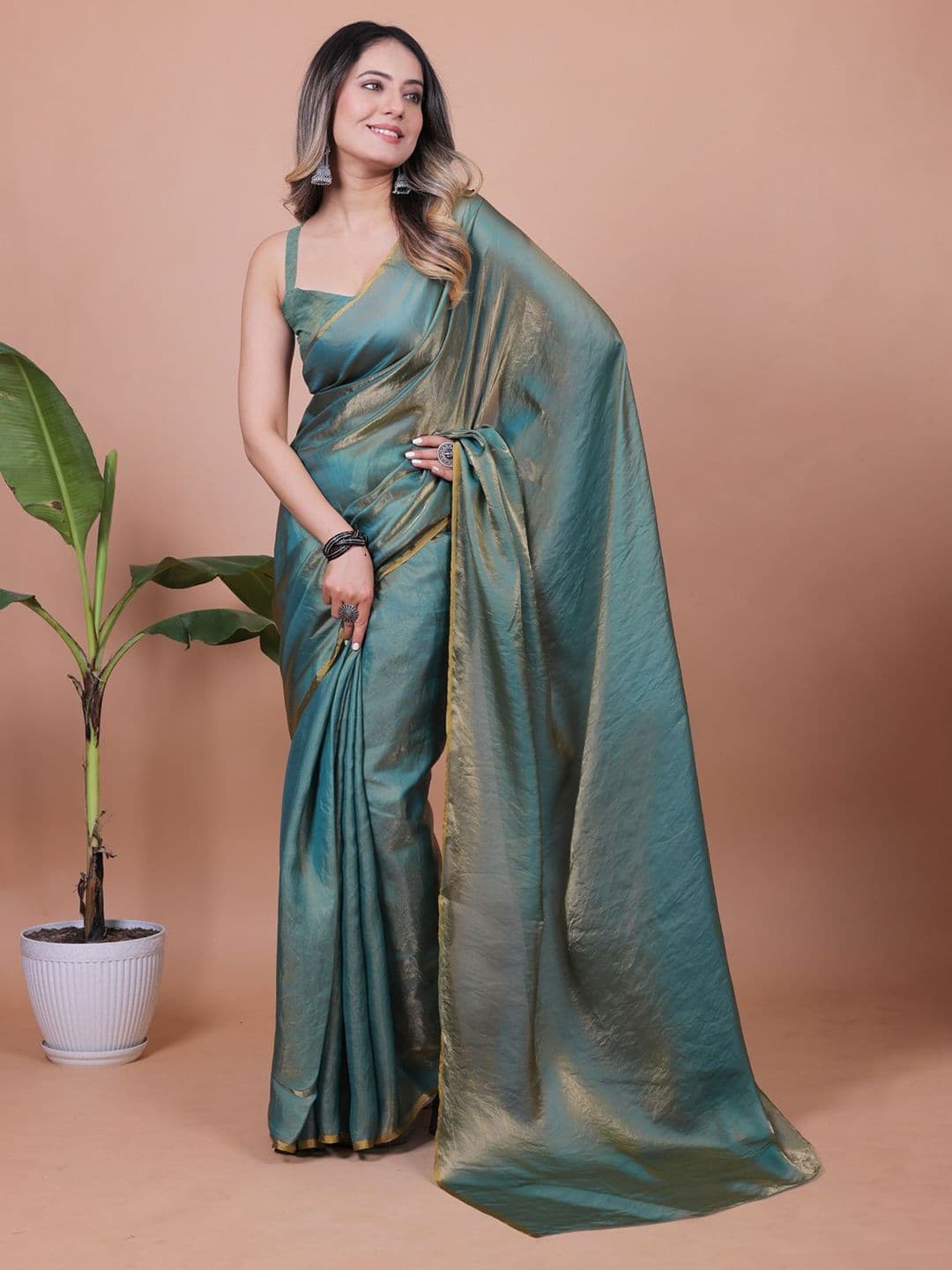 Anneca Shimmer Satin Saree With Blouse Piece thumbnail 3