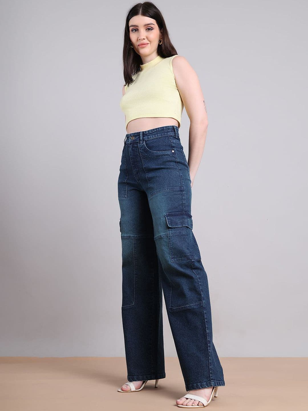 PUELLA Women Straight Fit High-Rise Light Fade Stretchable Cargo Styles Jeans thumbnail 2