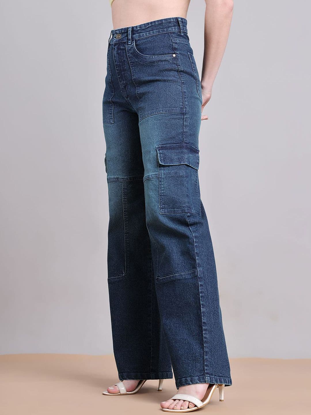 PUELLA Women Straight Fit High-Rise Light Fade Stretchable Cargo Styles Jeans thumbnail 6