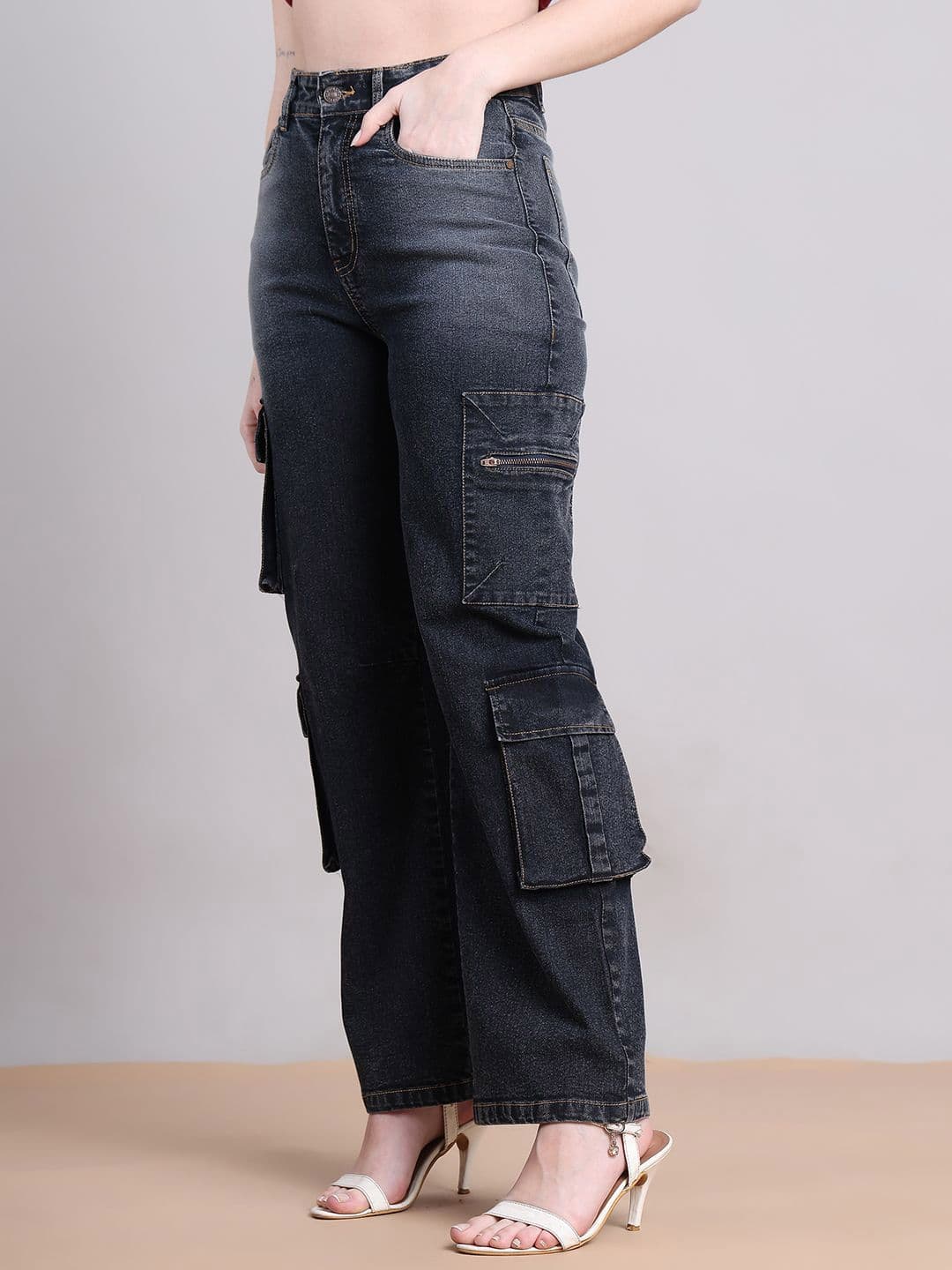 PUELLA Women Straight Fit High-Rise Stretchable Cargo Style Jeans thumbnail 3