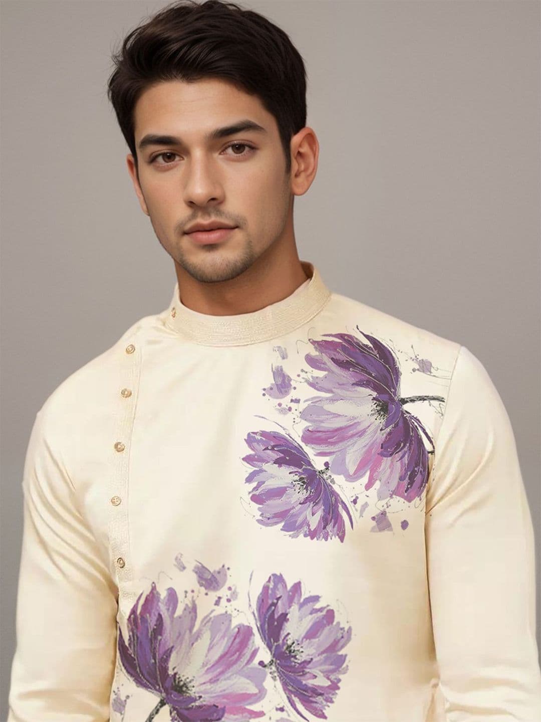 PulseIQ Men Floral Printed Mandarin Collar Regular Thread Work Cotton Straight Kurta - view 1