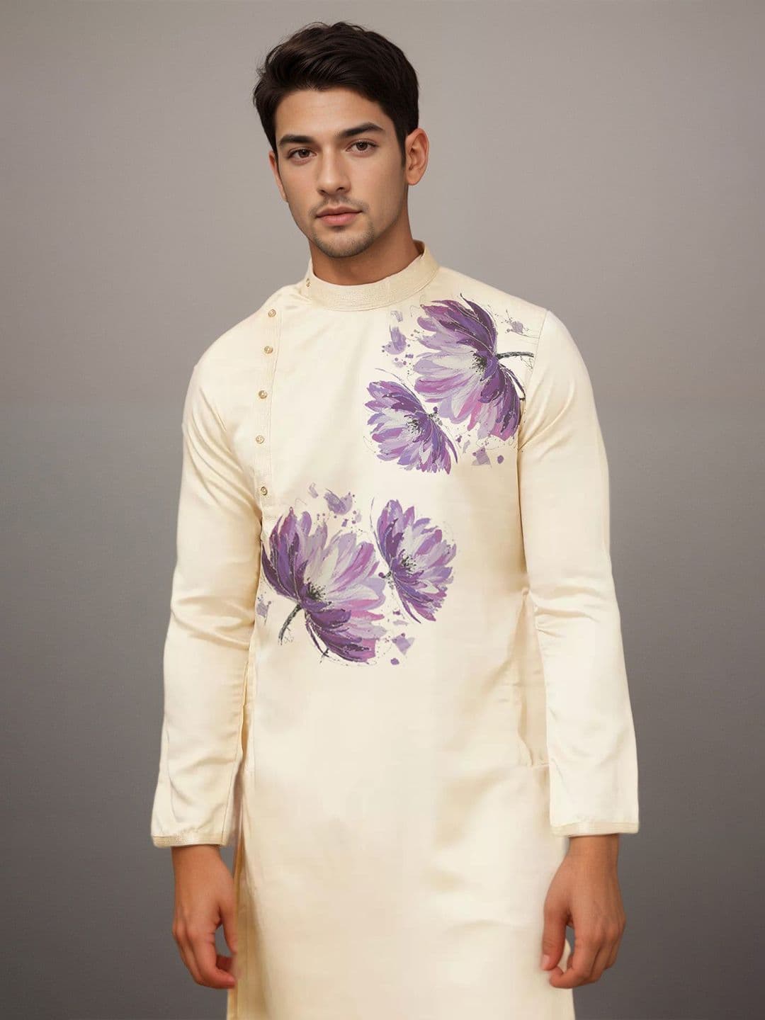 PulseIQ Men Floral Printed Mandarin Collar Regular Thread Work Cotton Straight Kurta thumbnail 6