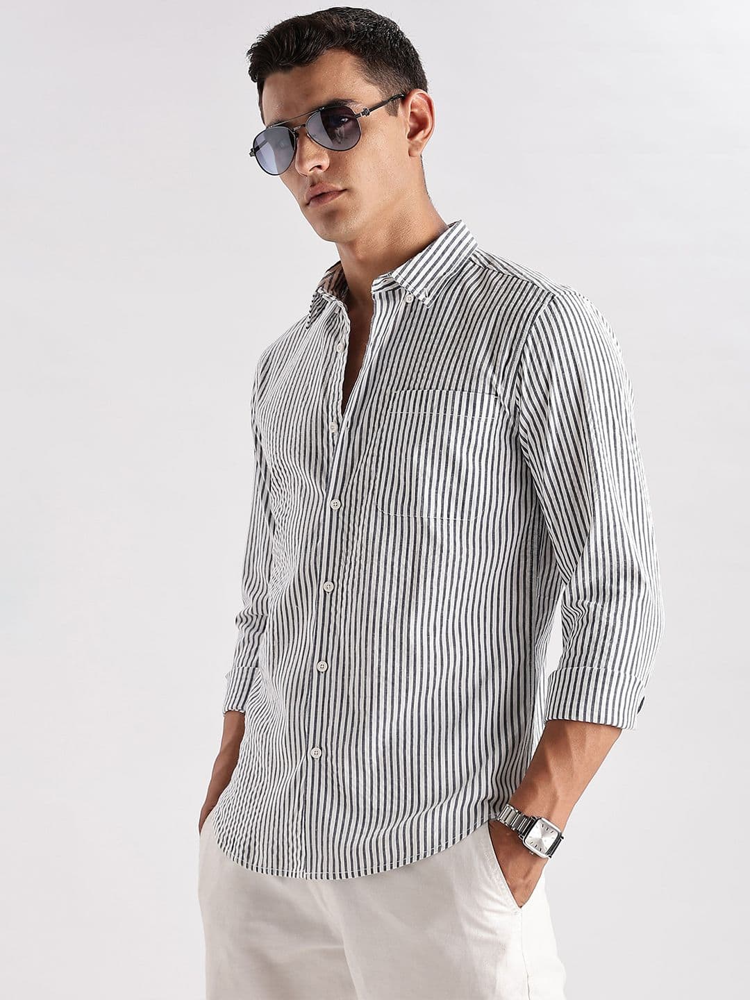 HERE&NOW Slim Fit Vertical Striped Seersucker Opaque Casual Shirt thumbnail 5