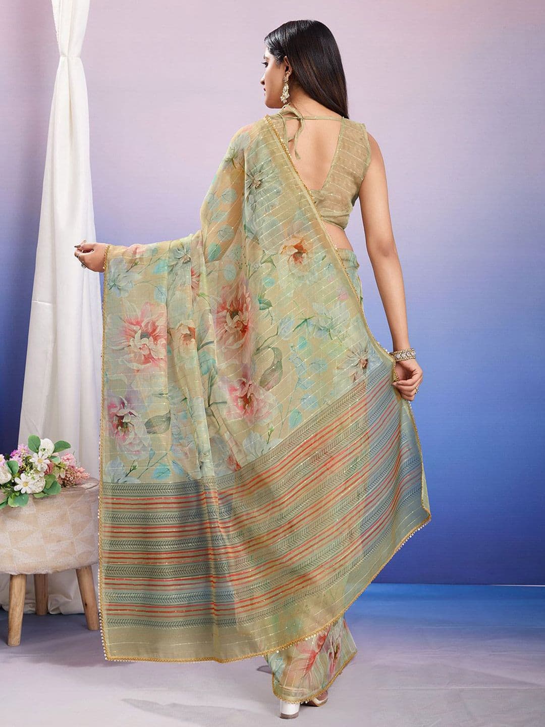 TASRIKA Floral Printed Sequinned Organza Ready to Wear Saree thumbnail 3