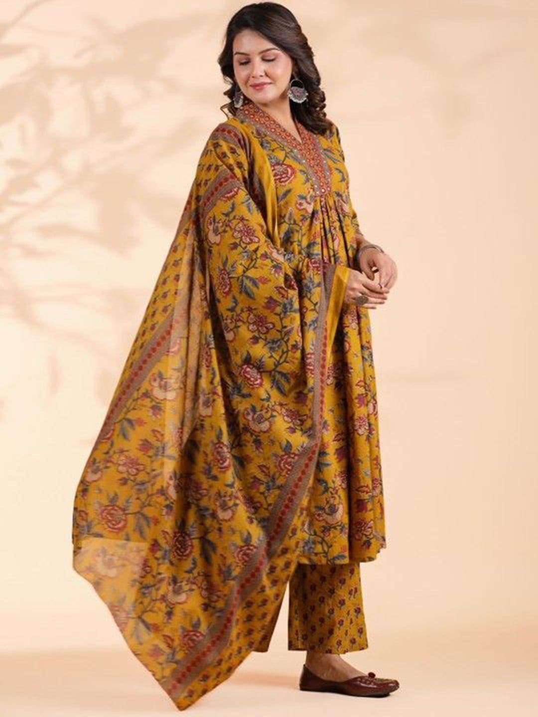 KALINI Floral Printed V-Neck Pure Cotton A-Line Kurta With Trousers And Dupatta thumbnail 6
