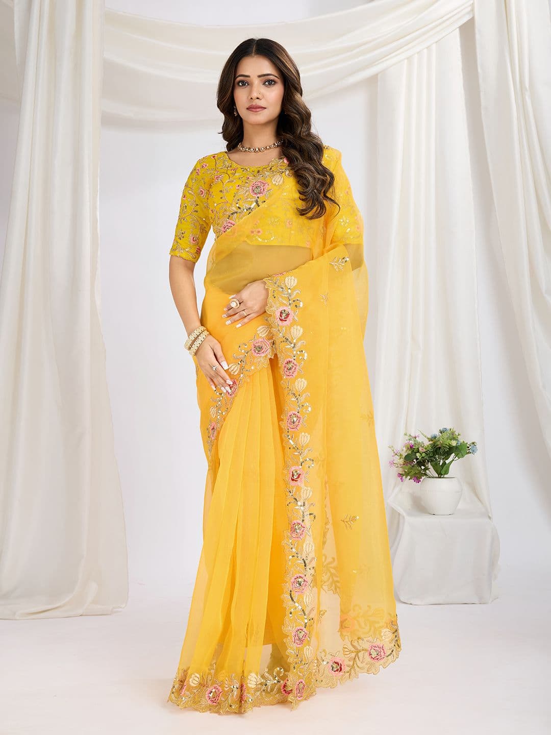 HERE&NOW Floral Embroidered Organza Saree - view 1