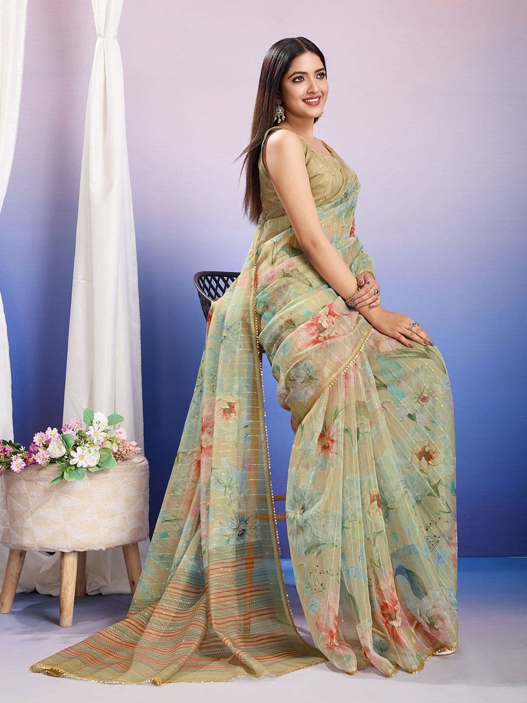 TASRIKA Floral Printed Sequinned Organza Ready to Wear Saree thumbnail 2