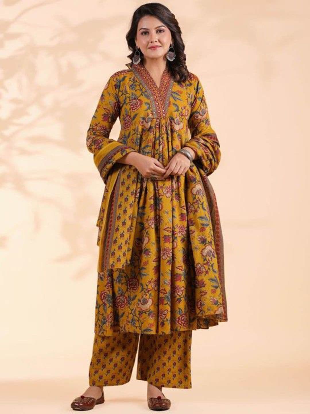 KALINI Floral Printed V-Neck Pure Cotton A-Line Kurta With Trousers And Dupatta thumbnail 3