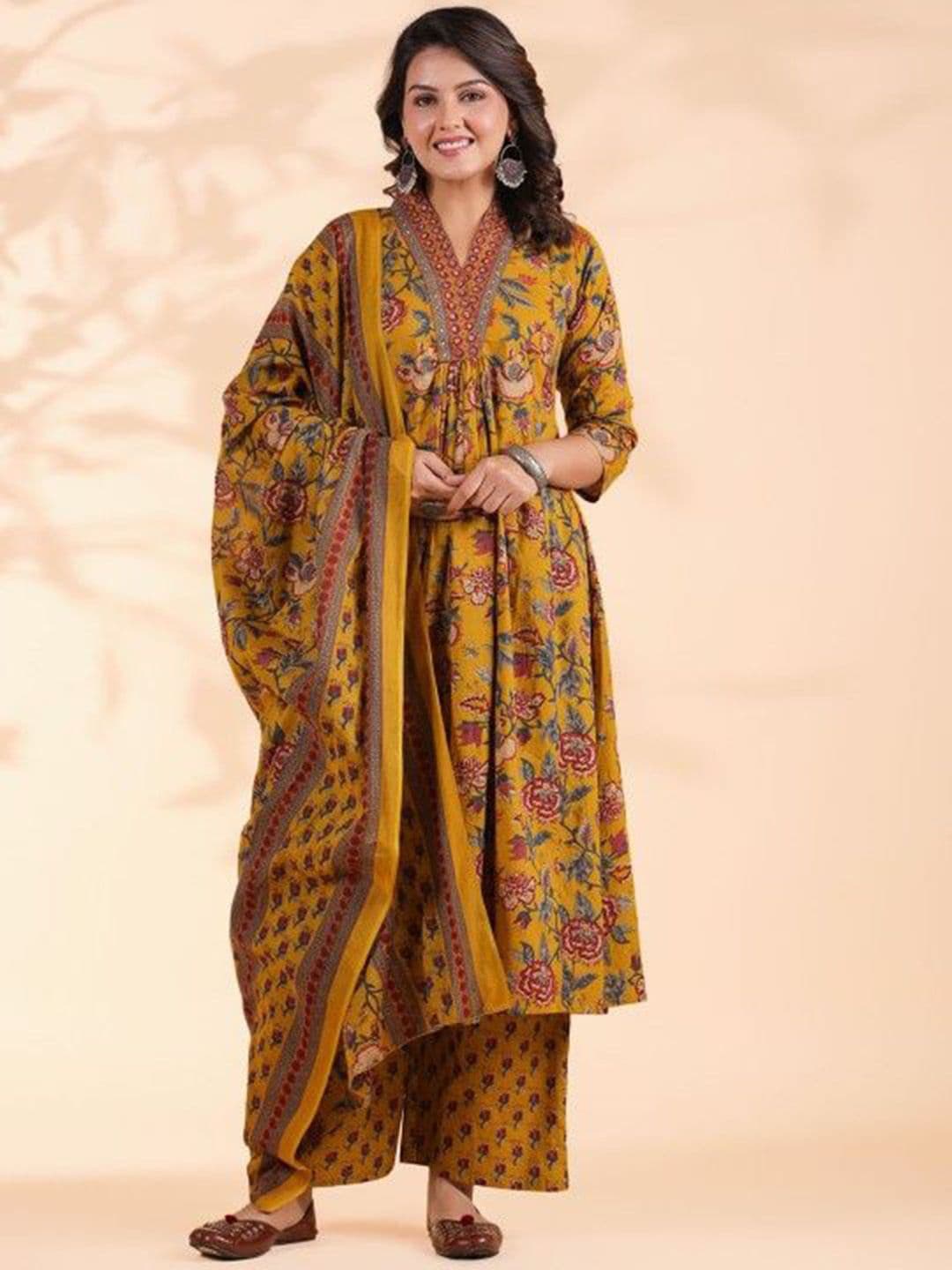 KALINI Floral Printed V-Neck Pure Cotton A-Line Kurta With Trousers And Dupatta - view 1