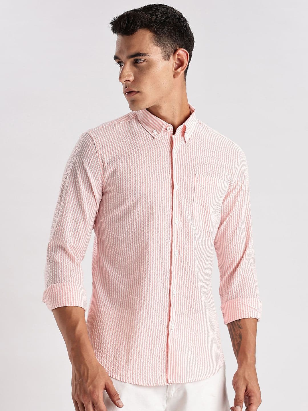 HERE&NOW Slim Fit Vertical Striped Seersucker Opaque Casual Shirt thumbnail 5