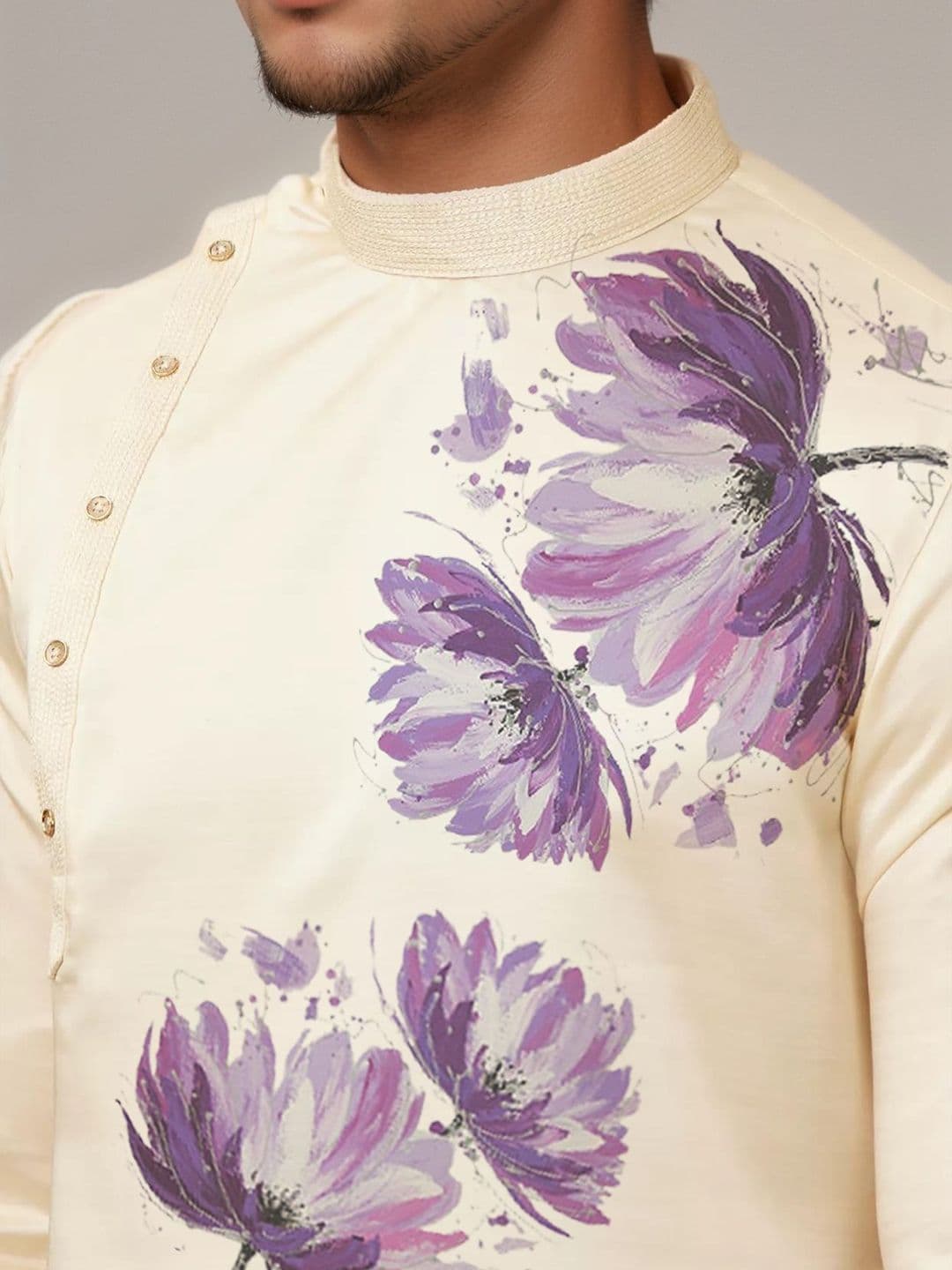 PulseIQ Men Floral Printed Mandarin Collar Regular Thread Work Cotton Straight Kurta thumbnail 5