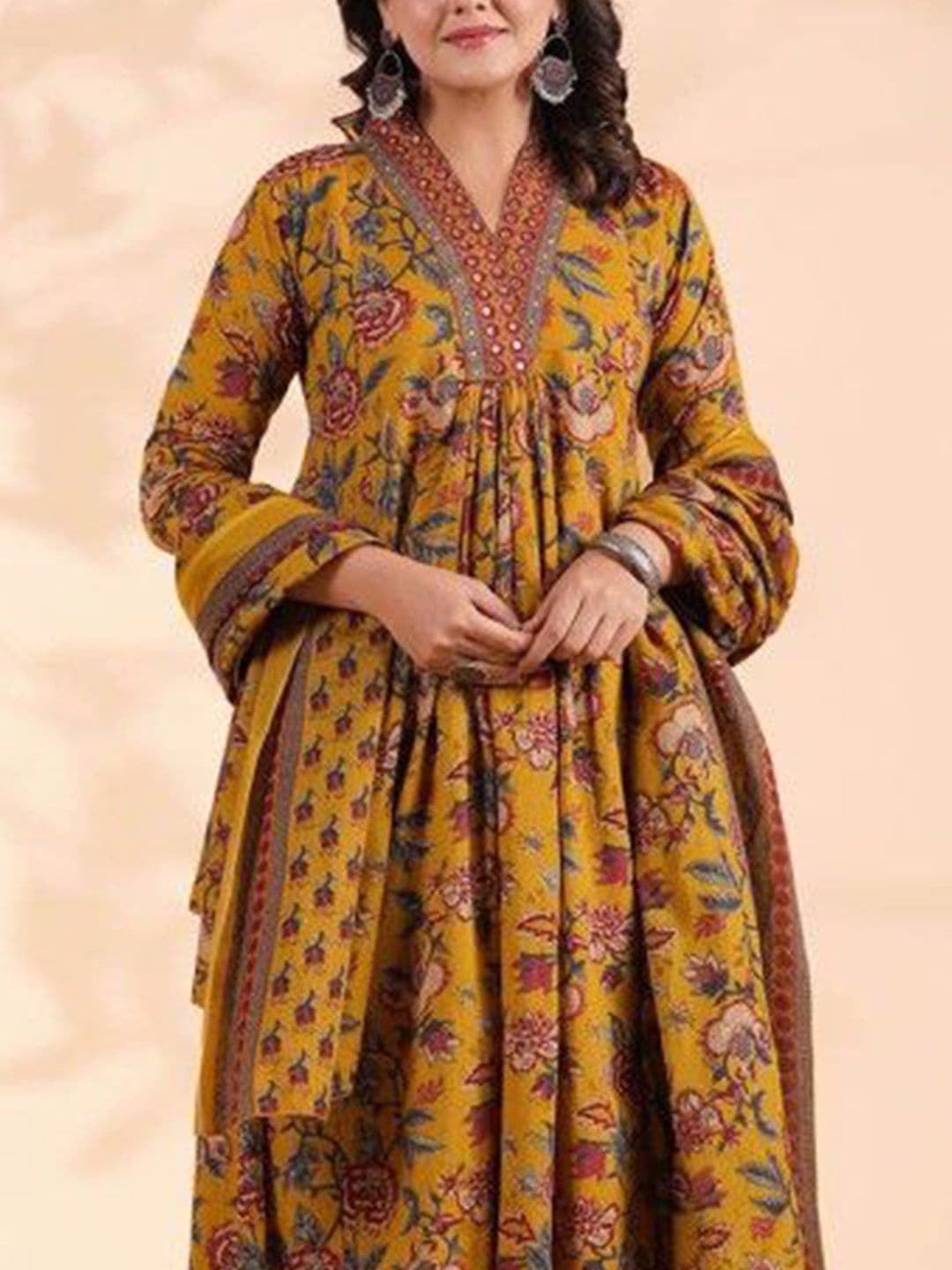 KALINI Floral Printed V-Neck Pure Cotton A-Line Kurta With Trousers And Dupatta thumbnail 2