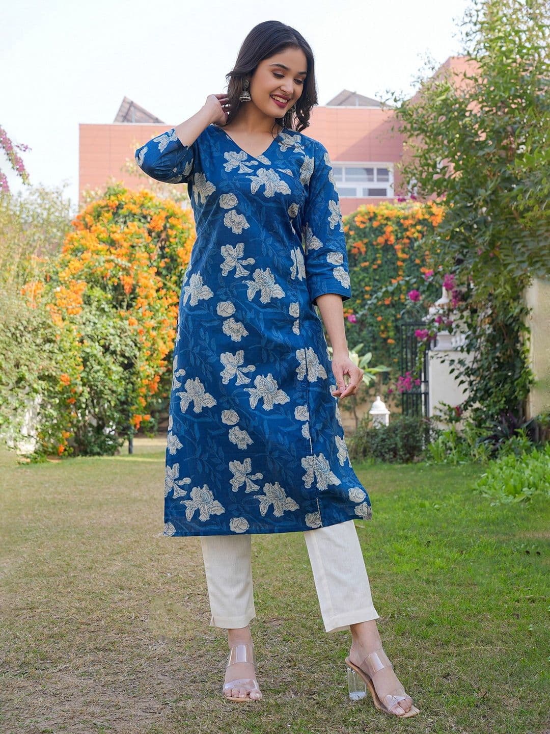 KALINI Floral Printed Angrakha Pure Cotton Straight Kurta thumbnail 3