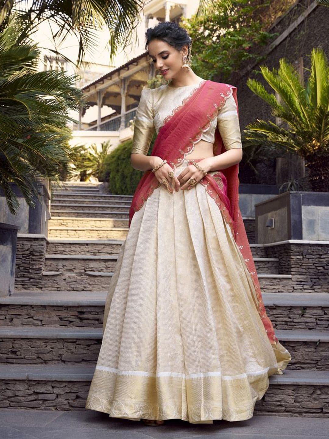 LOOKNBOOK ART Jacquard Zari Weaving Work Lehenga Choli Stitched Lehenga Blouse & Dupatta - view 1