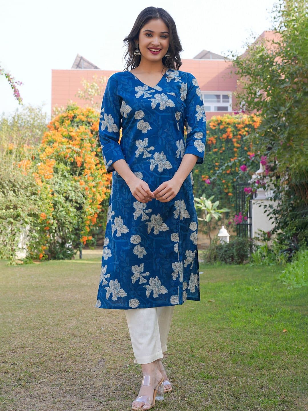 KALINI Floral Printed Angrakha Pure Cotton Straight Kurta - view 1