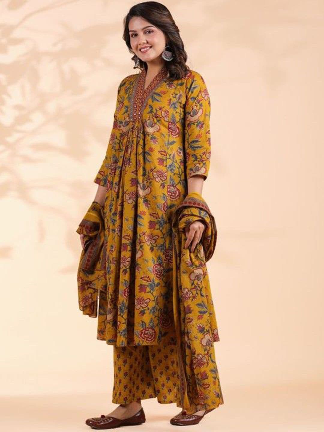 KALINI Floral Printed V-Neck Pure Cotton A-Line Kurta With Trousers And Dupatta thumbnail 4