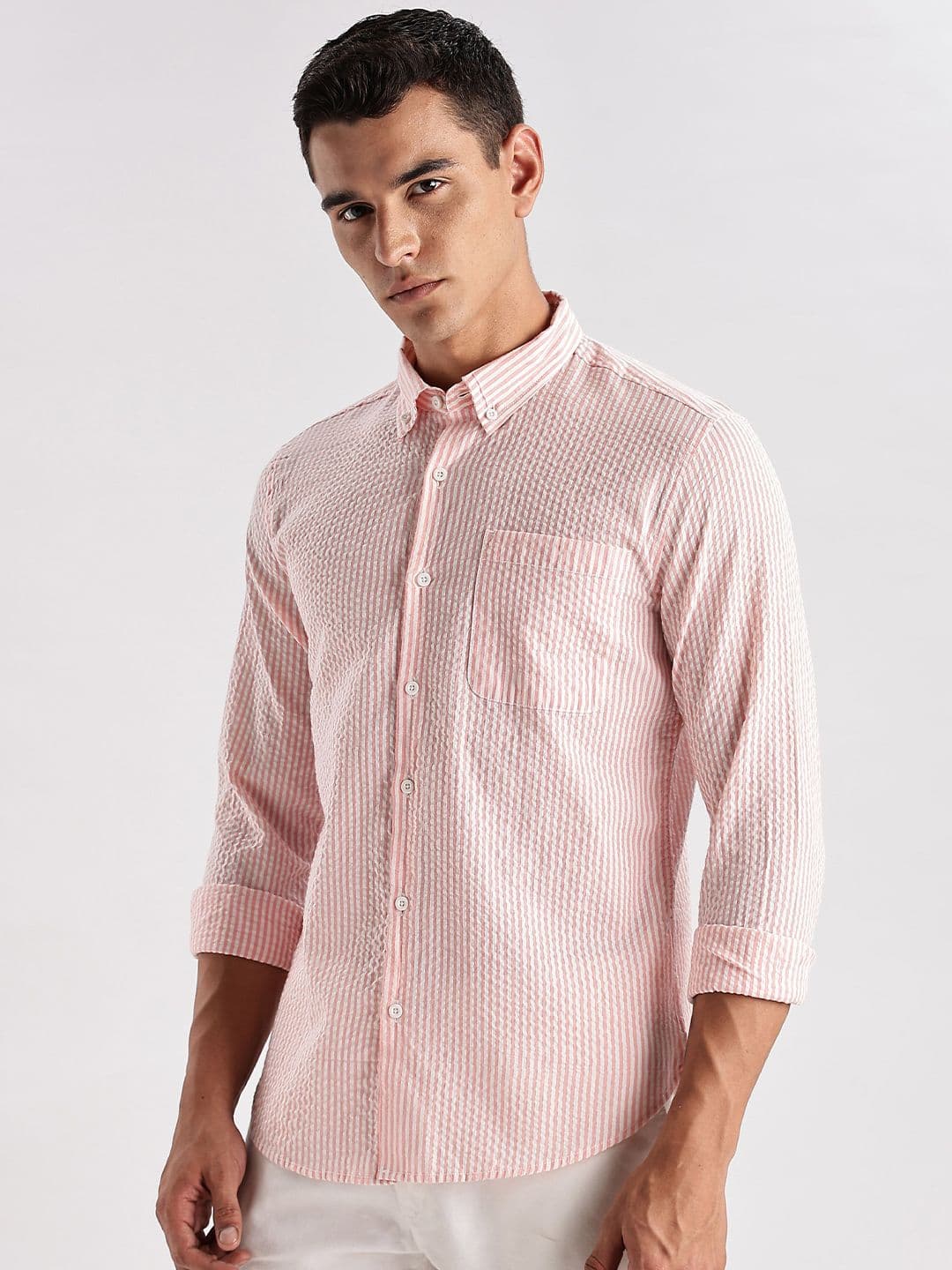 HERE&NOW Slim Fit Vertical Striped Seersucker Opaque Casual Shirt thumbnail 3