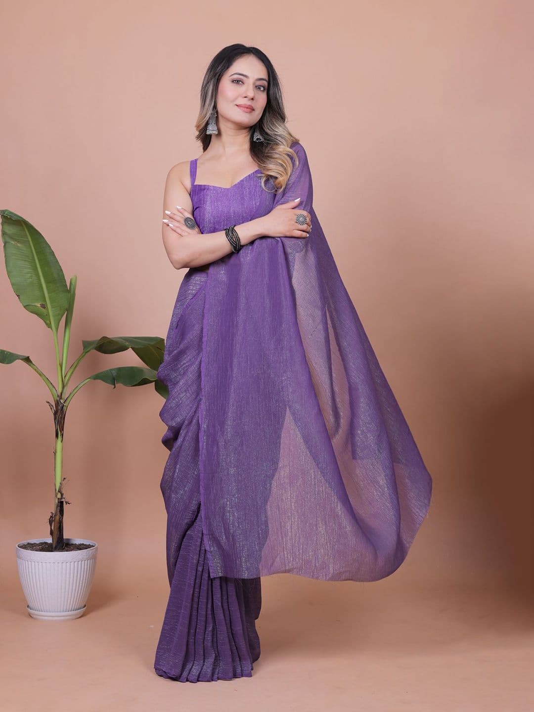 Anneca Women Solid Tissue Saree with Blouse Piece thumbnail 4