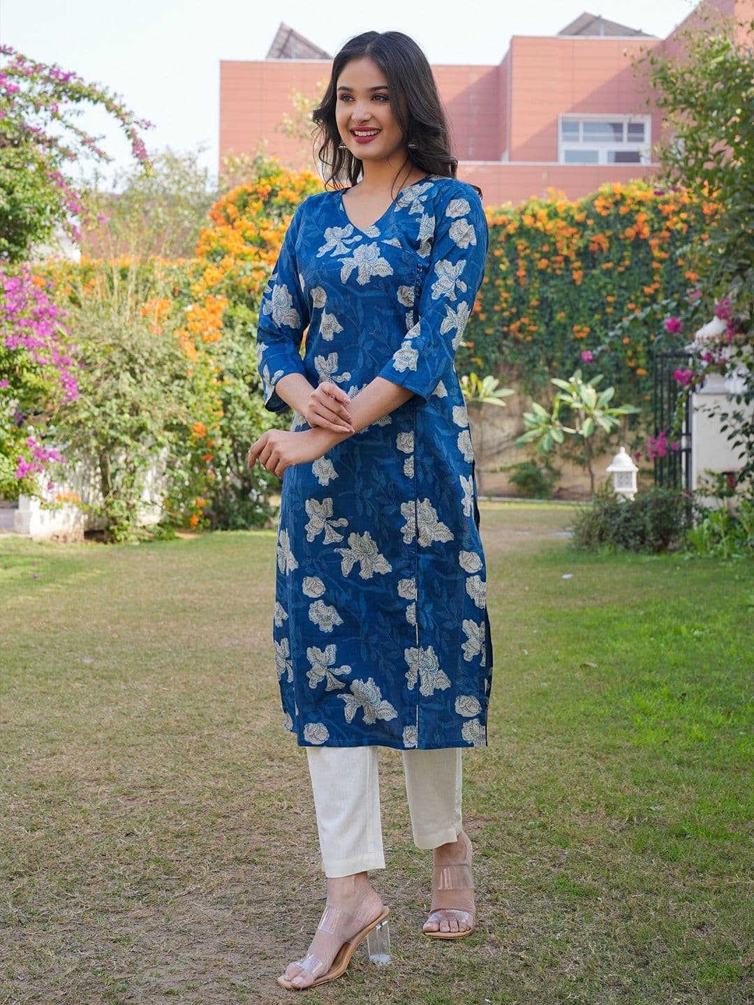 KALINI Floral Printed Angrakha Pure Cotton Straight Kurta thumbnail 4