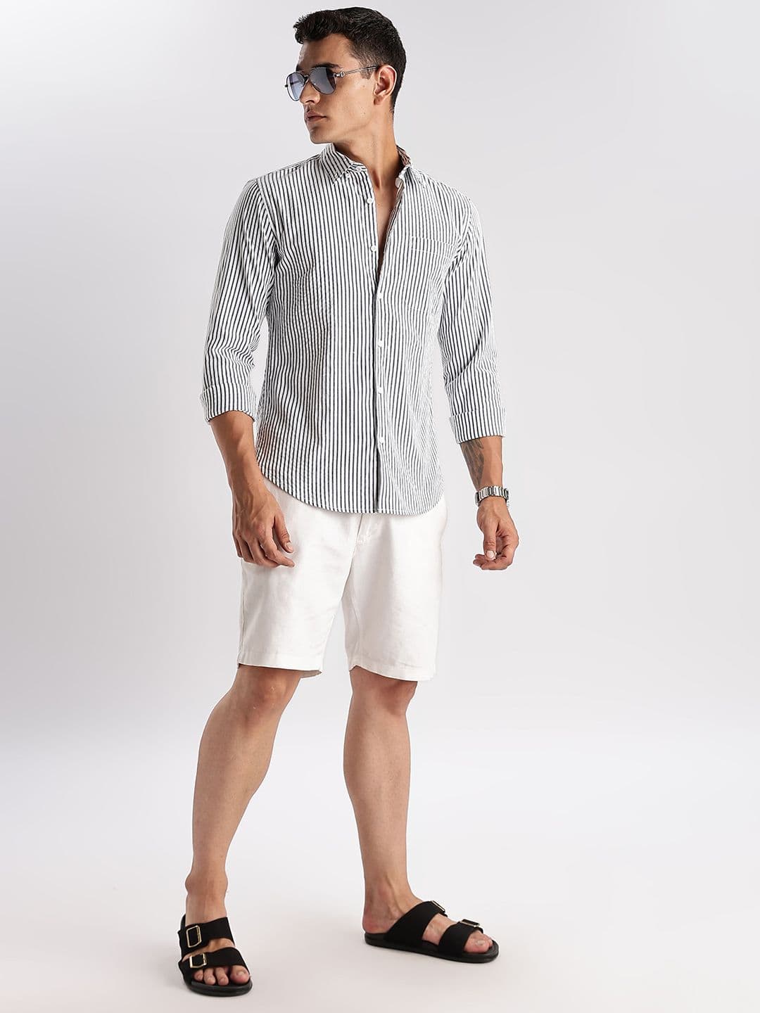 HERE&NOW Slim Fit Vertical Striped Seersucker Opaque Casual Shirt thumbnail 3
