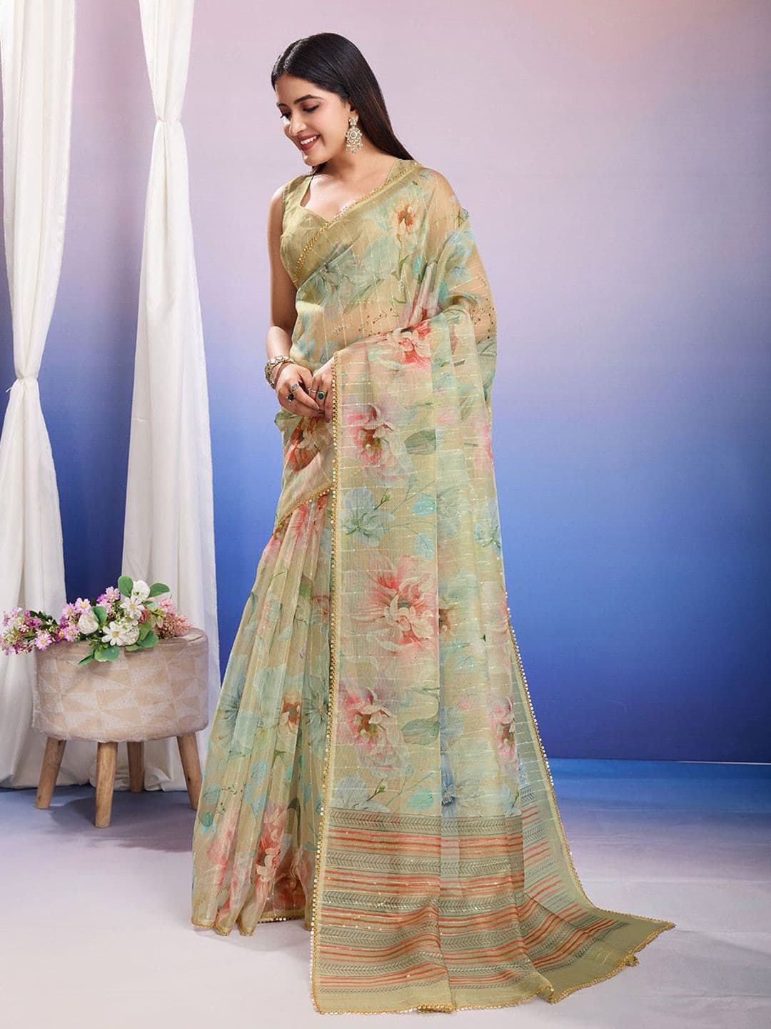 TASRIKA Floral Printed Sequinned Organza Ready to Wear Saree thumbnail 4