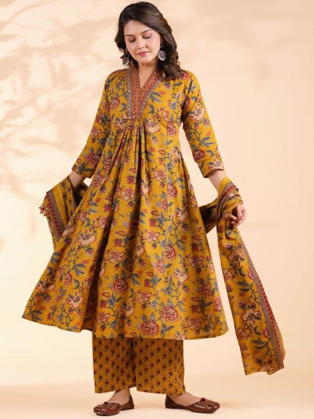 KALINI Floral Printed V-Neck Pure Cotton A-Line Kurta With Trousers And Dupatta thumbnail 5
